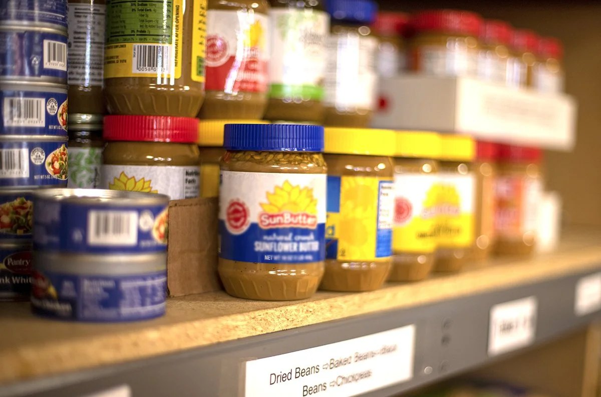 Food items on a pantry shelf